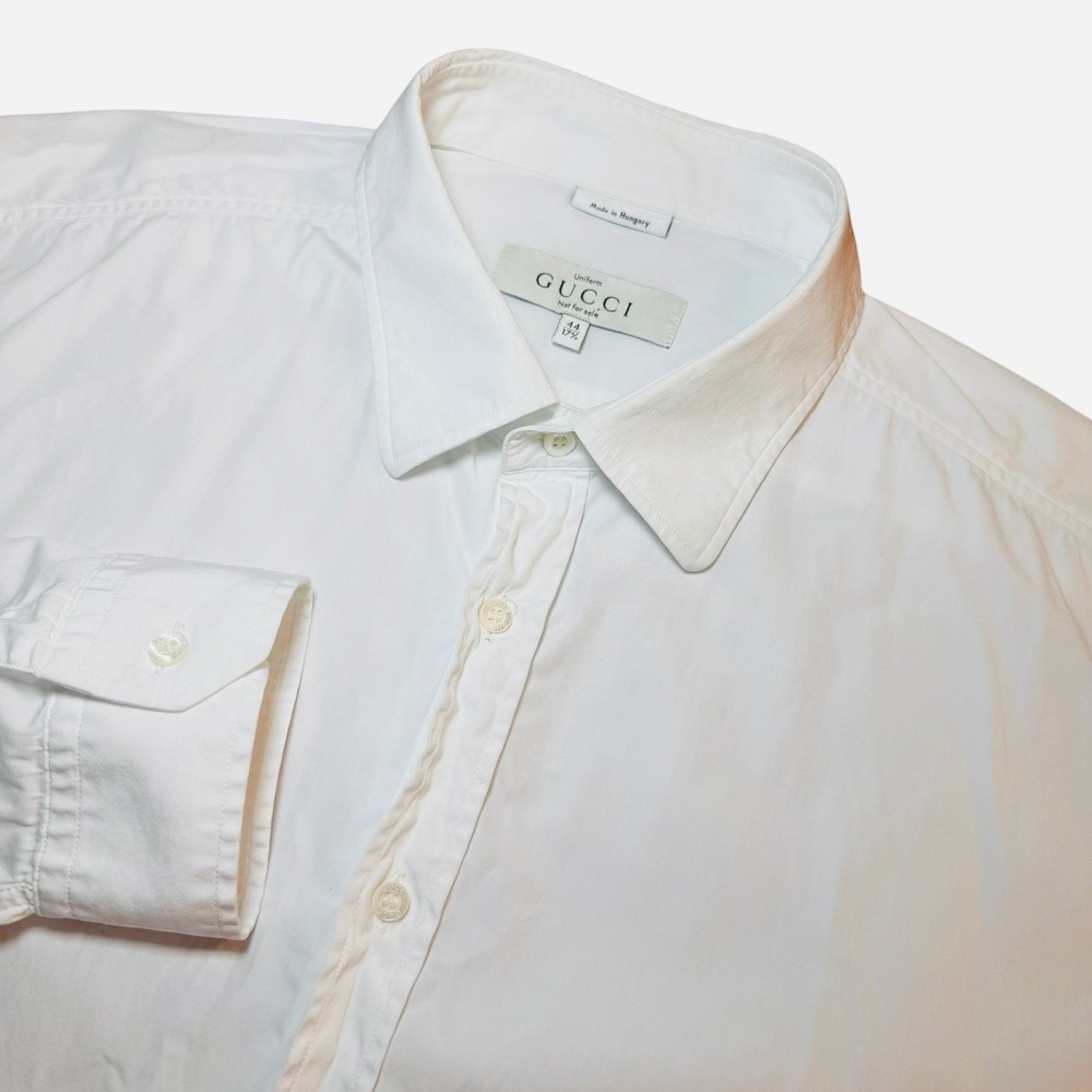 Gucci Uniform White Cotton Button Down Shirt Mens 44 17.5 Made in Hungary L/S